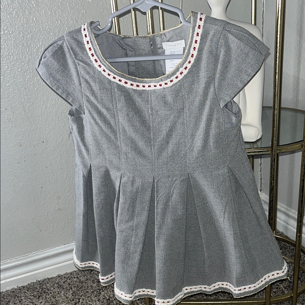 Tahari Gray Kids Formal Dress with Red Accents